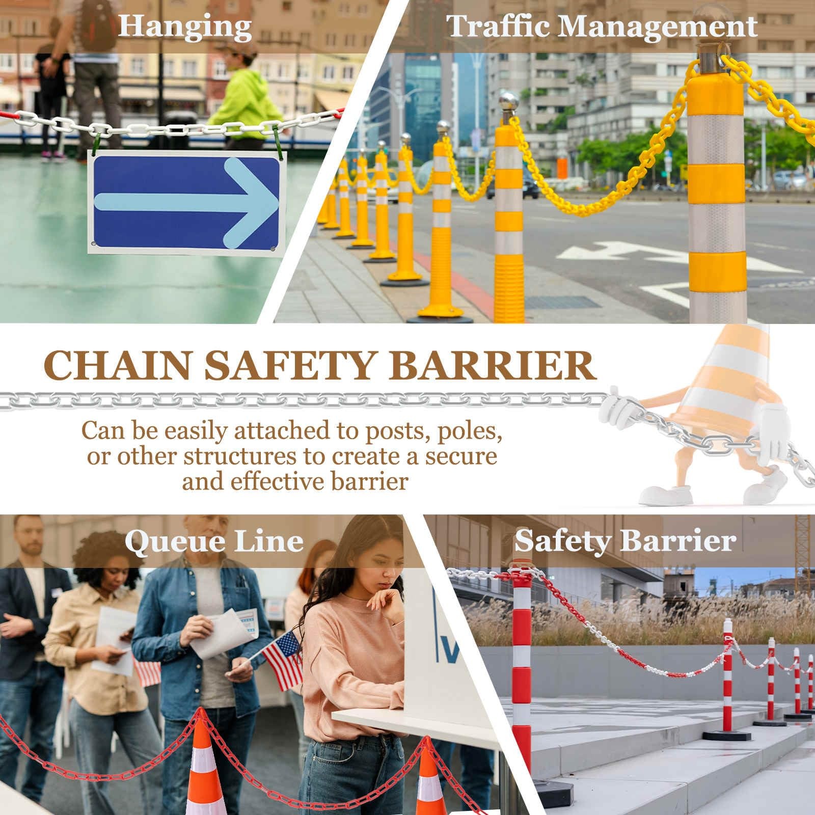 Plastic Chain 100 FT/30.5 M, Safety Chain Orange Plastic Chain Link Barrier w…
