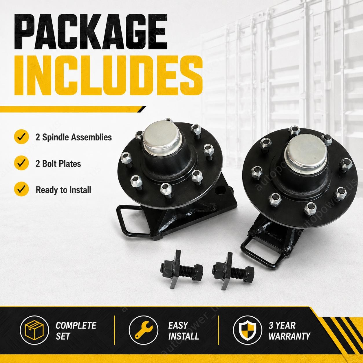 8 x 6.5 Lug – 9000LB Shipping Container Wheels Bolt-on Spindle Kit Pair