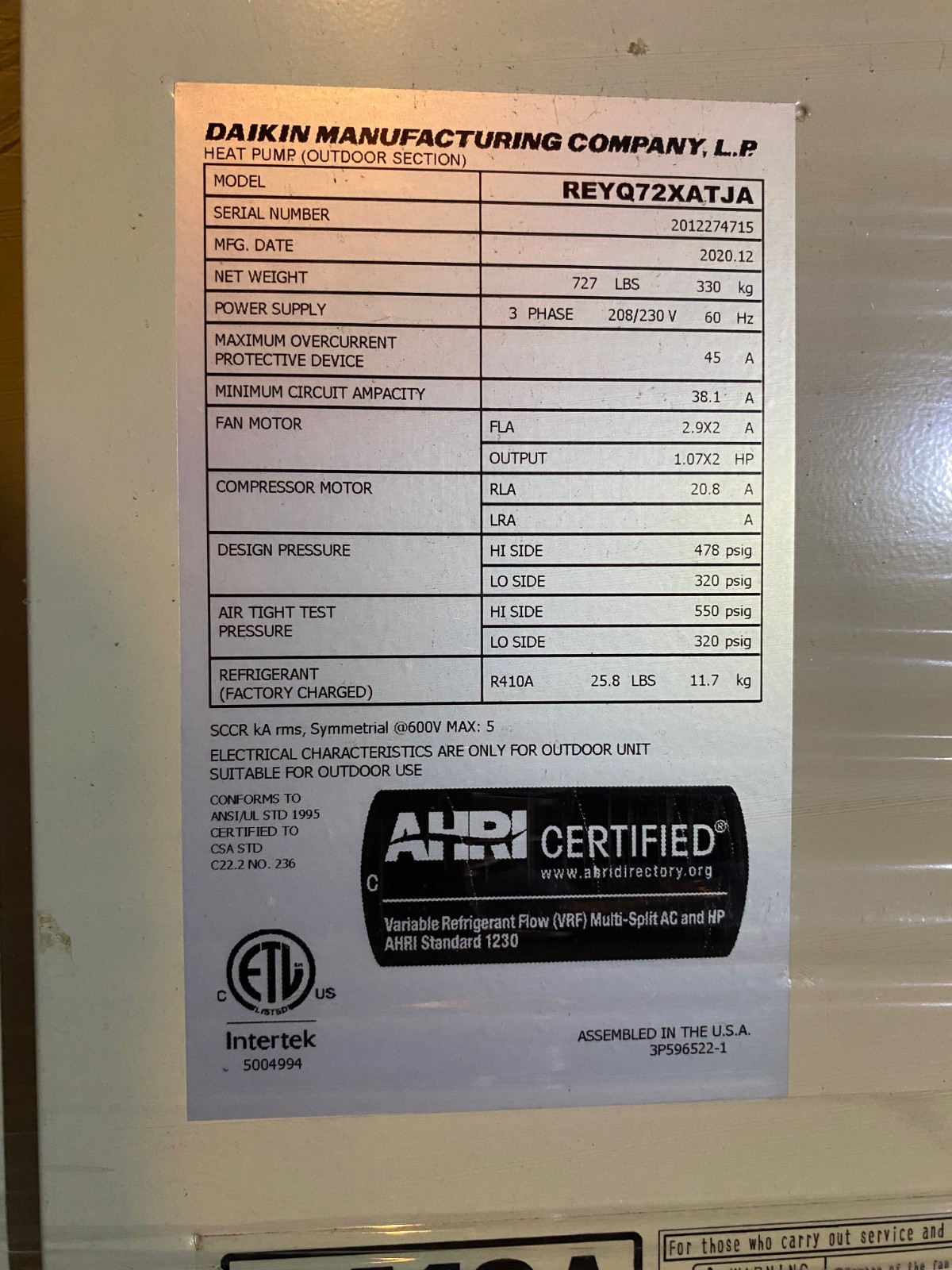 Daikin VRV-IV XA Series VRV Air Cooled Heat Recovery Outdoor Unit REYQ72XATJA
