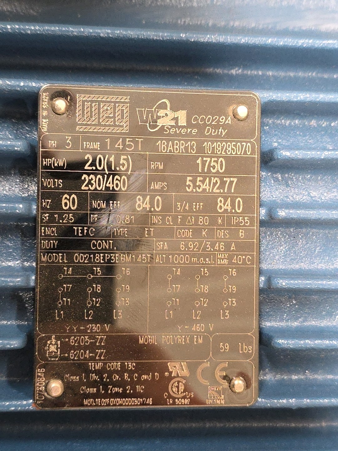 NEW – WEG Motor – W21 CC029A SEVERE DUTY MODEL 00218EP3EBM145T 3PH 2HP 1750RPM