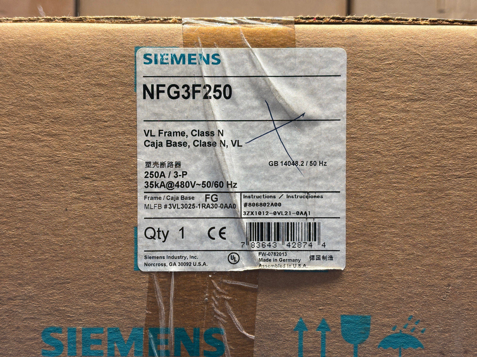 Siemens NFG3F250 250A 3-Pole Circuit Breaker VL Frame, Class N Caja Base