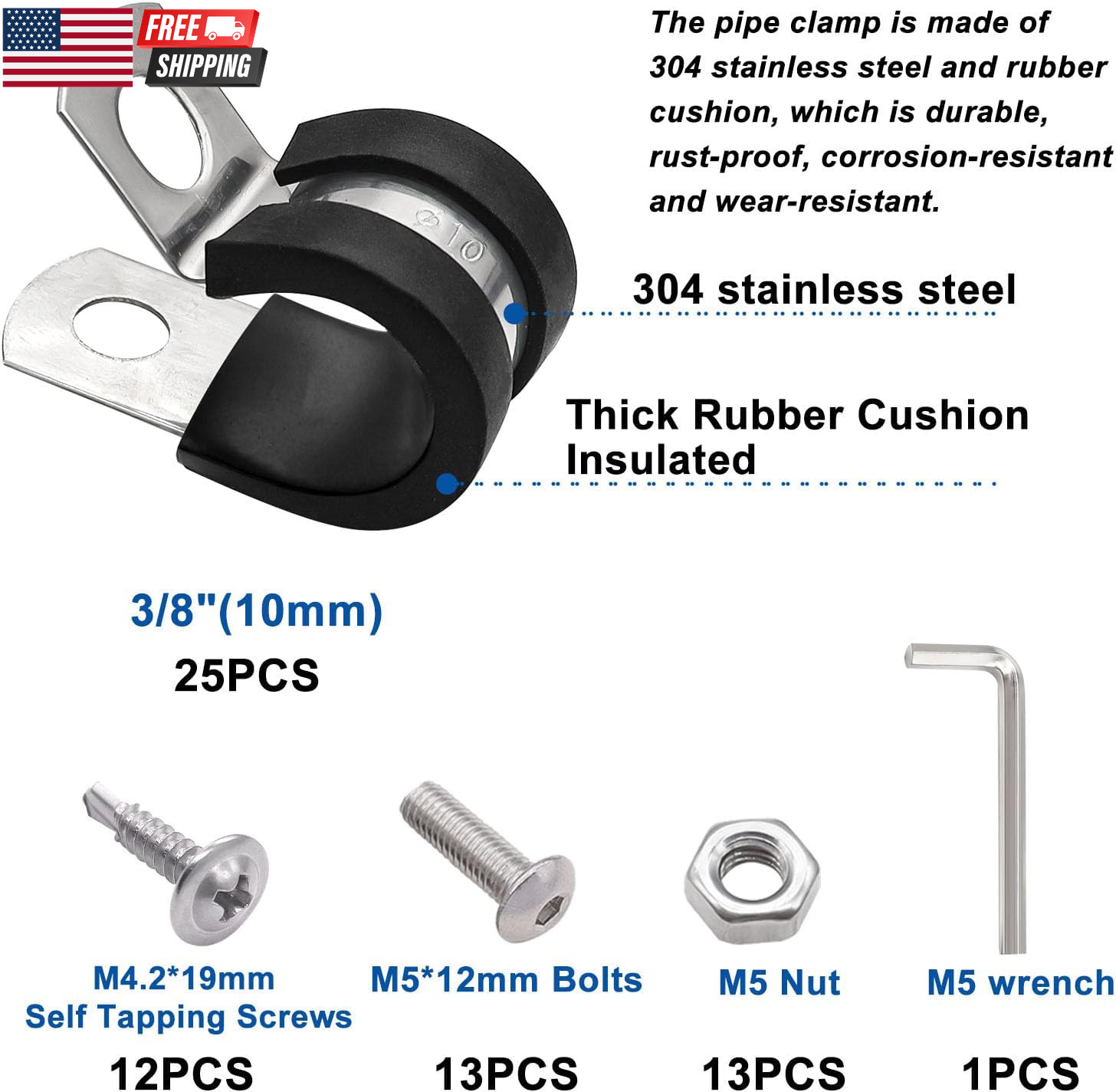 50PCS 3/8 Inch Cable Clamps 304 Stainless Steel Rubber Cushion Insulated Wire Cl