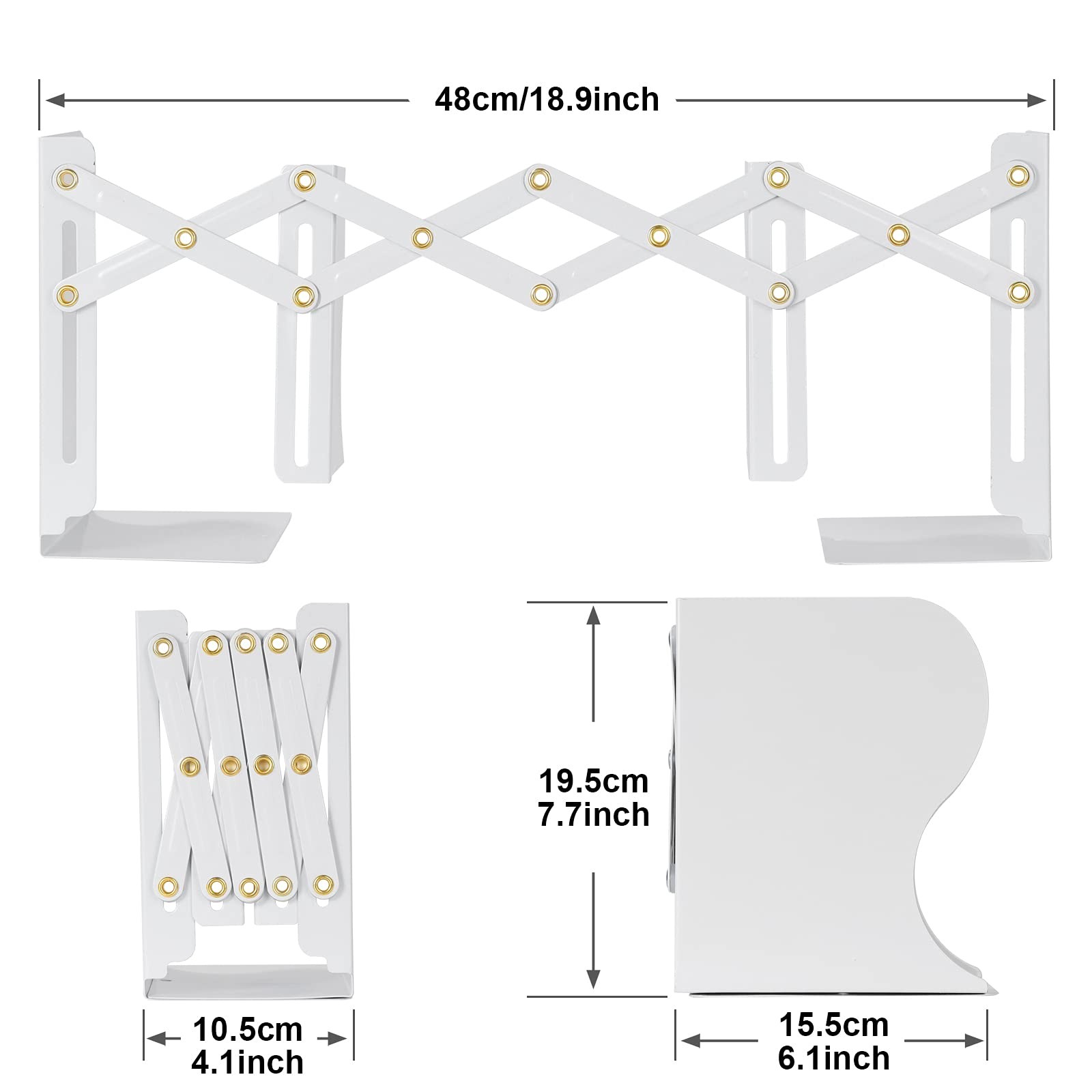 Olebes Adjustable Book Ends, Metal Iron Non 18.9/4.13*6.1*7.68 inch, White