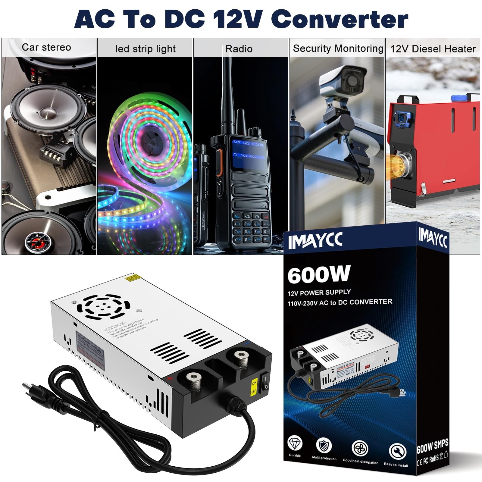 12V AC to DC Power Supply Converter, 600W 50A SMPS, 110V to 12V Adapter, Power S