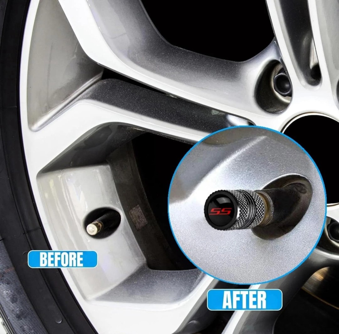 SS Black Metal Tire Valve Stem Cap Covers Air Valve 5 Cap Set Leak-Proof