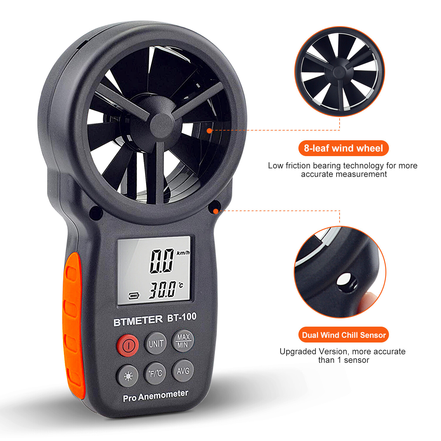 BTMETER Wind Speed Meter Handheld Anemometer Air Flow MAX/MIN/AVG Temperature