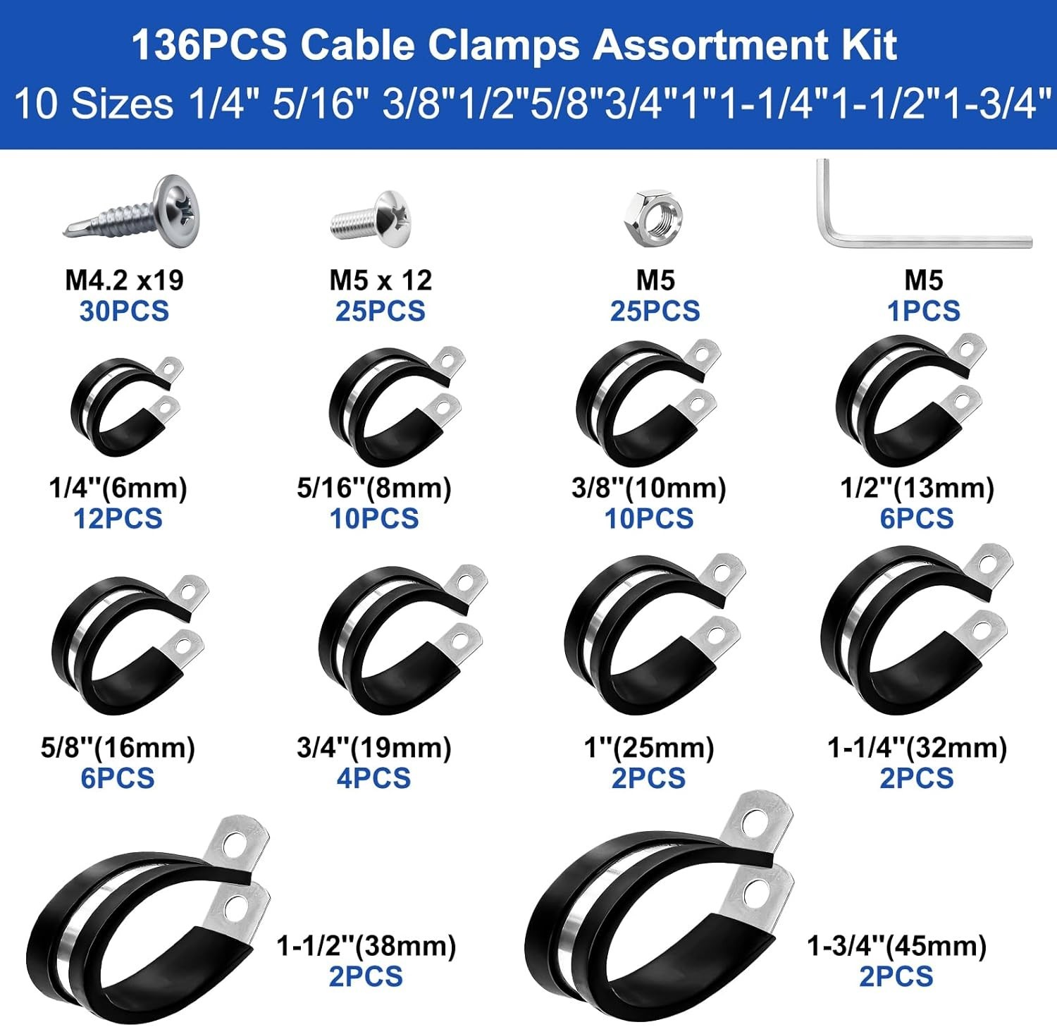 60 or 136PCS Cable Clamps Assortment Kit 304 Stainless Steel Rubber Cushion Pipe