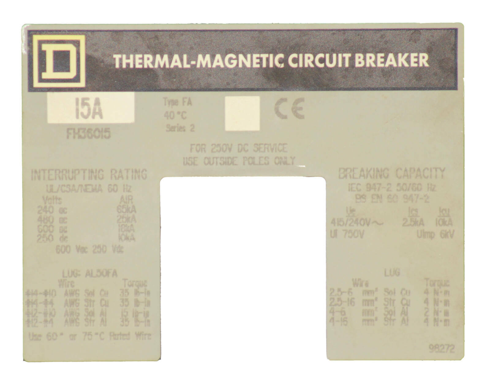 Square D FH36015 Breaker 15A 3‑Pole 600V 18kA I‑Line Thermal Magnetic 3‑Phase