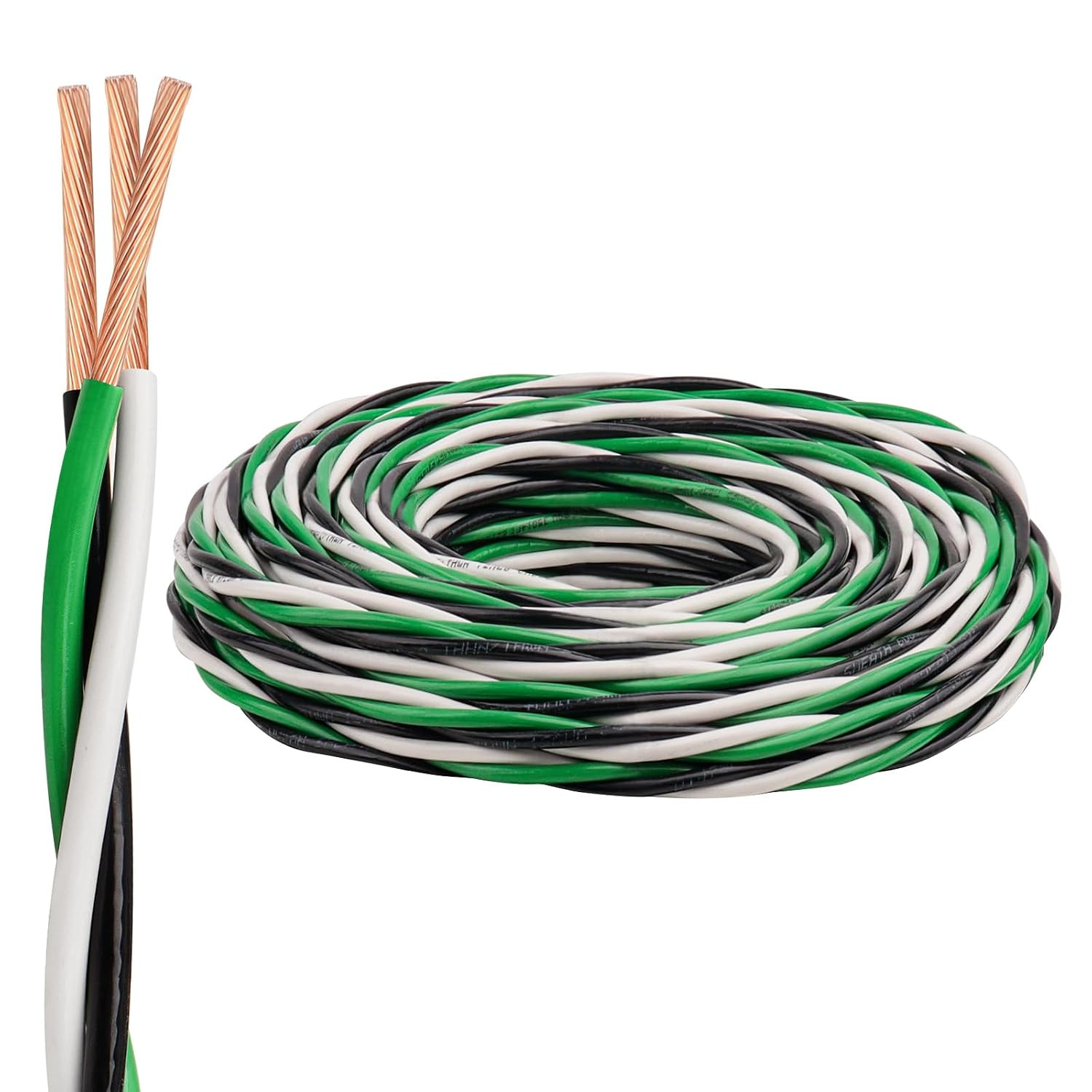 12 AWG THHN Wire 50FT 3-Color Set (Black/White/Green) – Stranded Copper, Pre-Twi