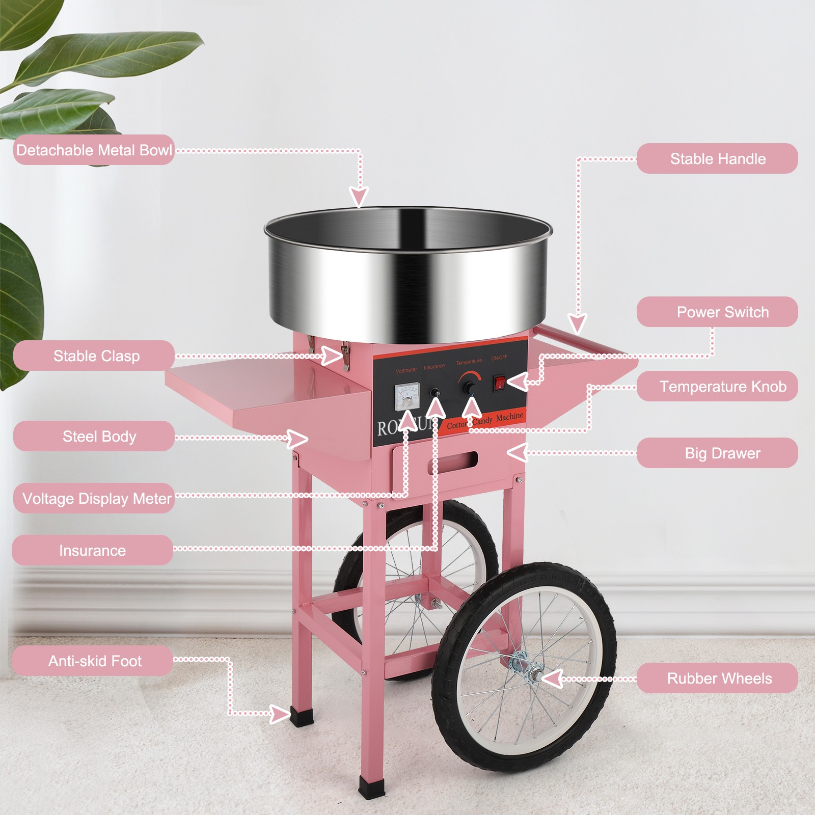 ROVSUN Commercial Cotton Candy Machine with Cart Sugar Floss Maker 950W Party