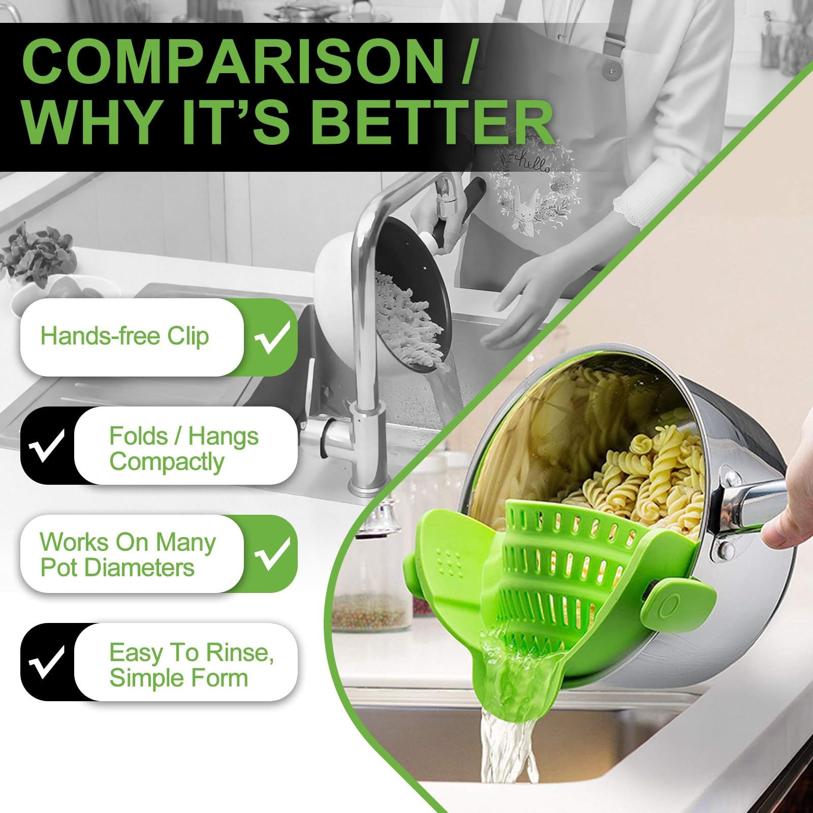 AriesMu Pasta Strainer Clip-on Silicone Colander for 9.45*4.72*2.36in, Green