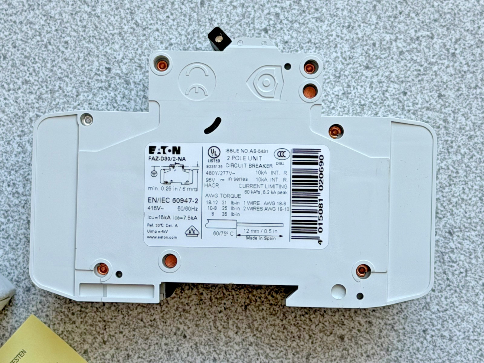 NEW Eaton FAZ-D30/2-NA Circuit Breaker, 30A, 480Y/277VAC, D Curve, 102193