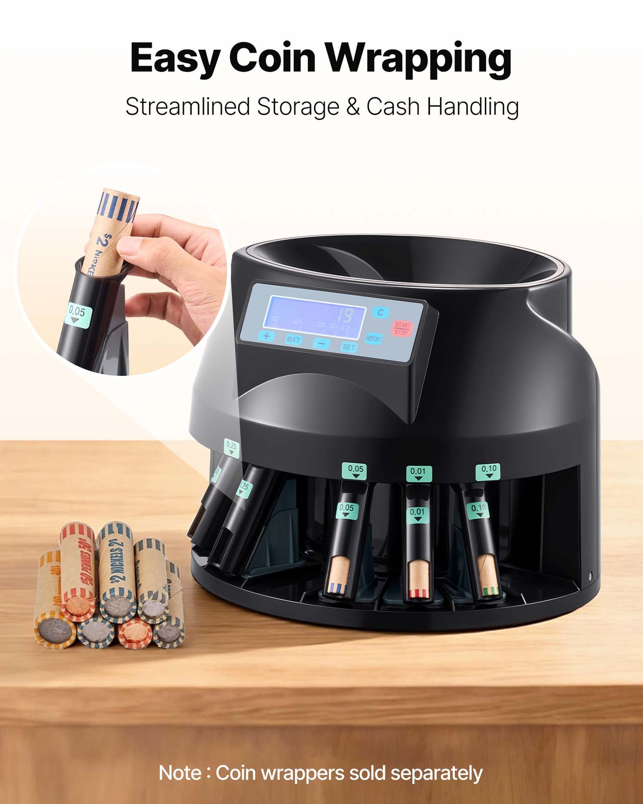 VEVOR USD Coin Sorter Coin Counter Wrapper and Roller 300 Coins/min LCD Display