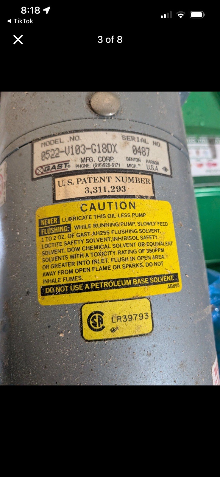 Gast 0522-V103-G18DX Oil-Less Rotary Vane Vacuum Pump Compressor 1/4 HP W/ Box
