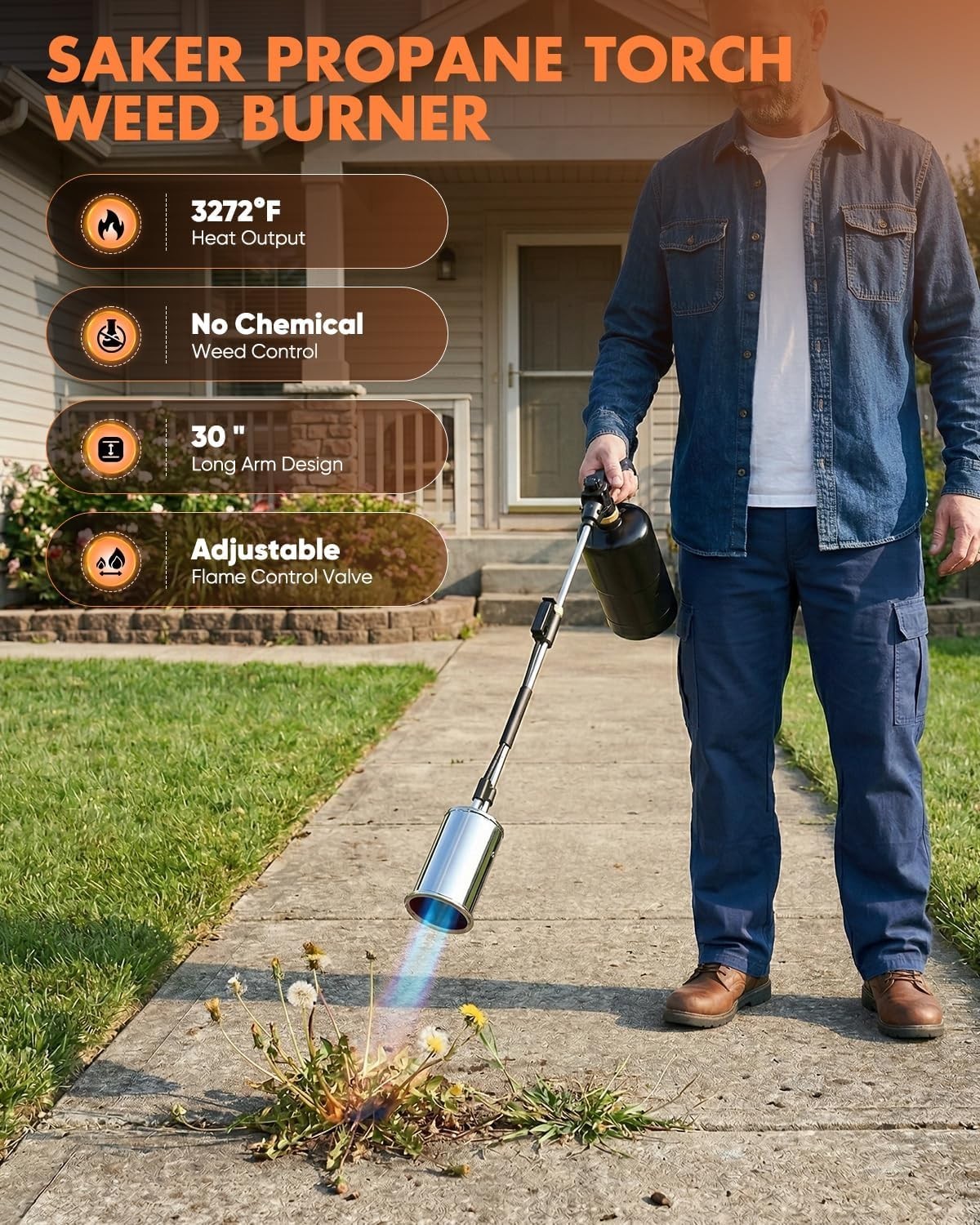 Saker Propane Torch Weed Burner – 45,000 BTU Flame Thrower with 30″ Curved Handl
