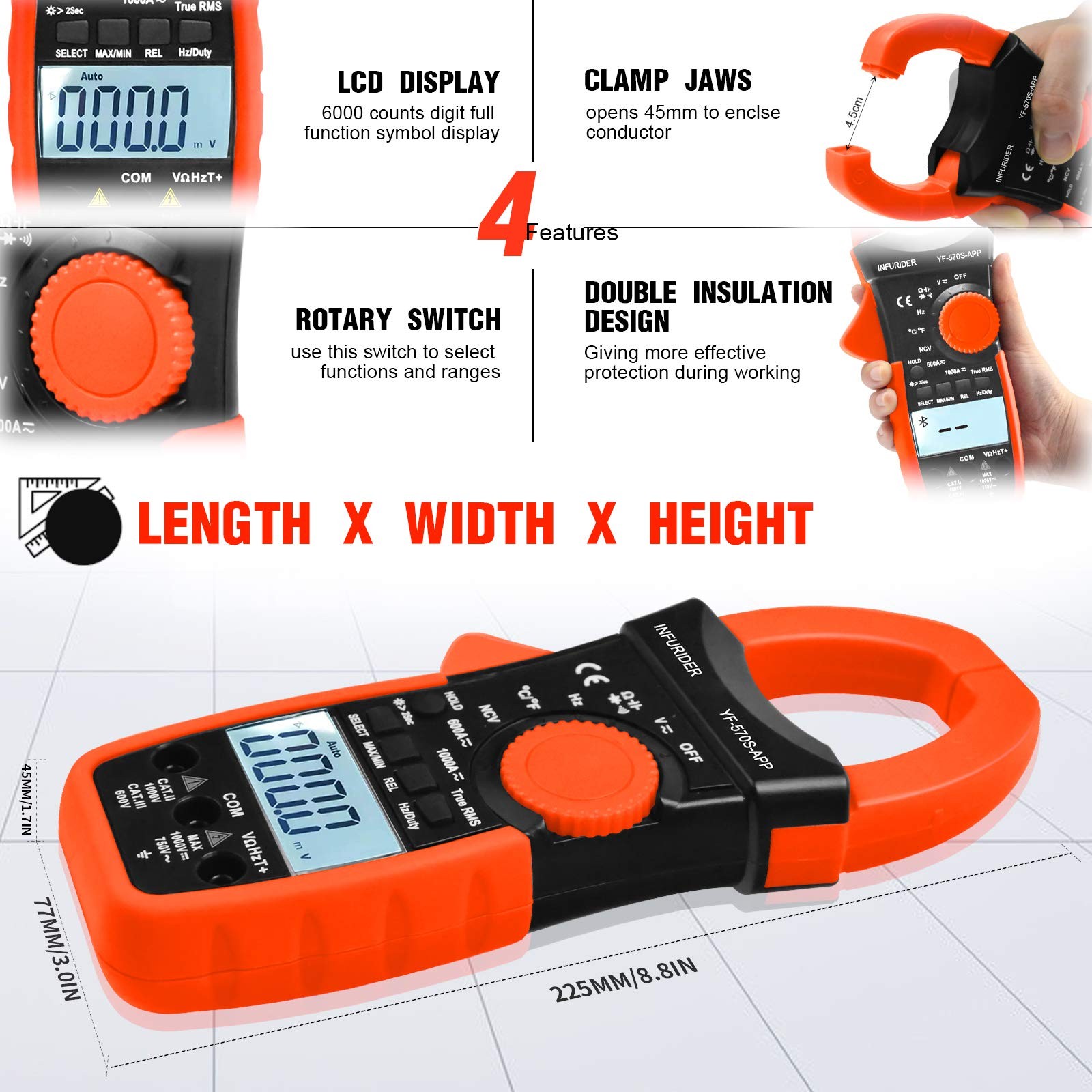 Digital AC/DC Volt Amp Clamp Meter,Wireless Bluetooth Auto Ranging 1000A Ammeter