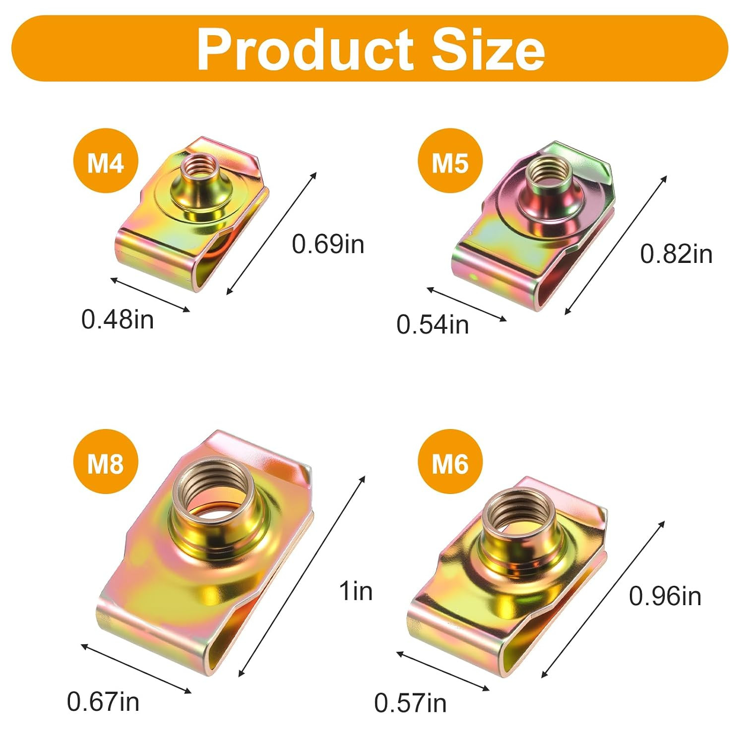 100 PCS U-Clip Nut Set for Auto Car – M4 M5 M6 M8 Assortment Kit (25 Each), Colo
