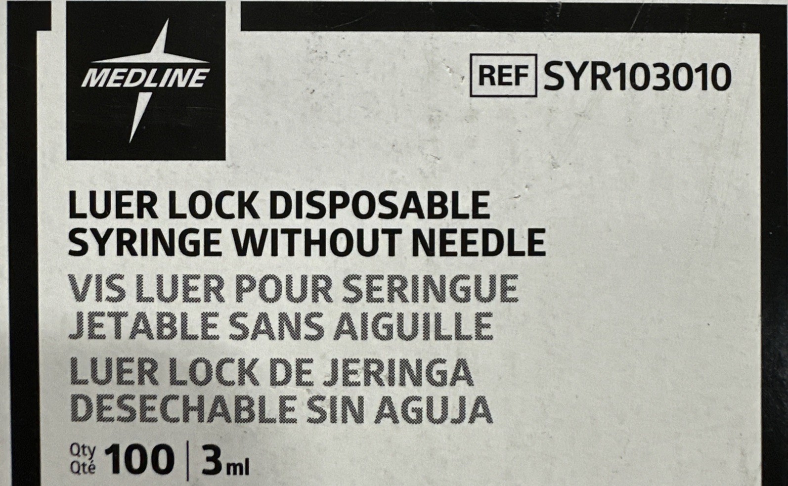 Medline 3mL Luer Lock No Needle REF SYR103010 Box of 100