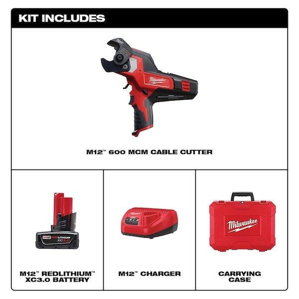 Milwaukee Tool 2472-21Xc M12 600 Mcm Cable Cutter Kit, Cordless, M12 Xc 3.0Ah