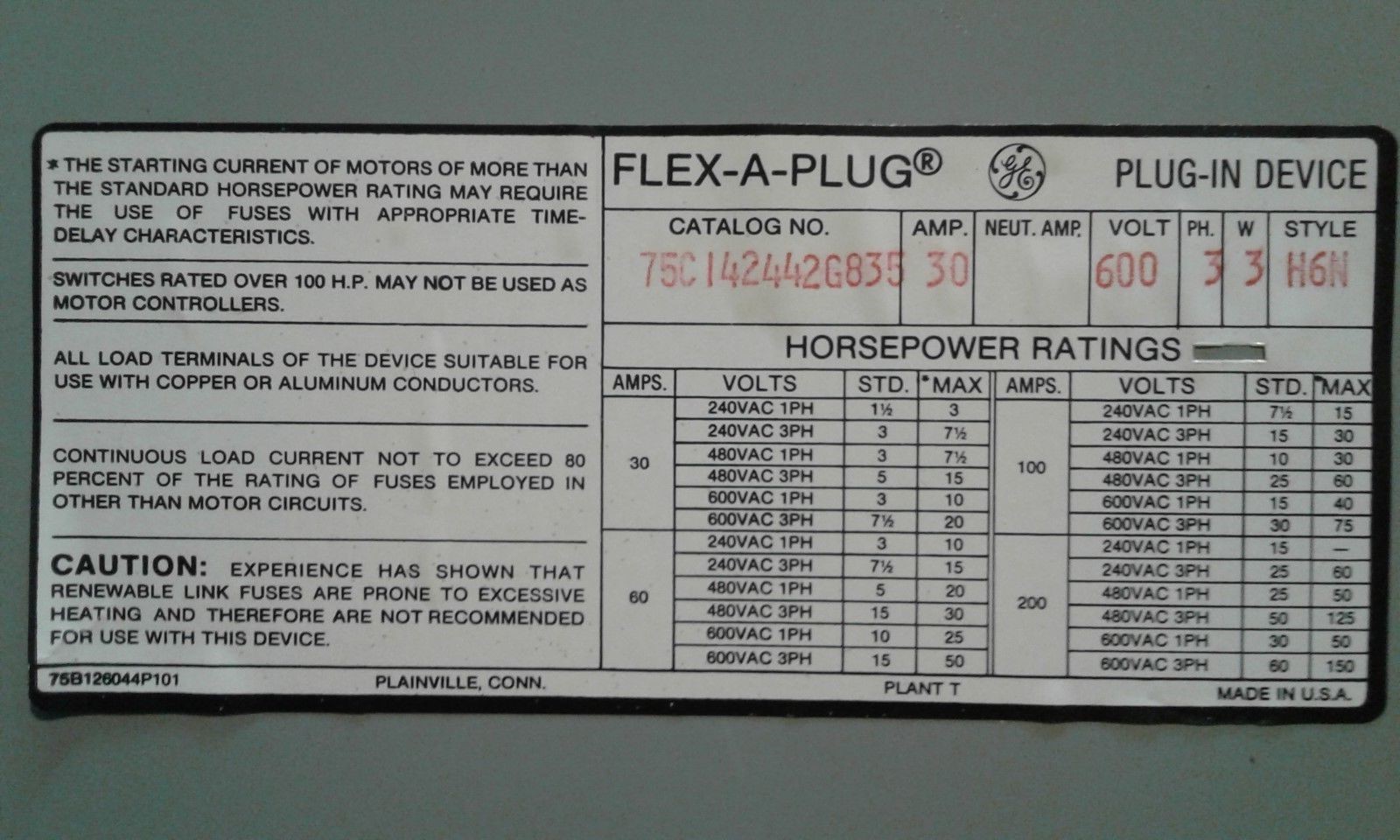 NEW GE 75C142442G835 30 AMP 600 VOLT FLEX-A-PLUG/ARMOR CLAD BUSS PLUG
