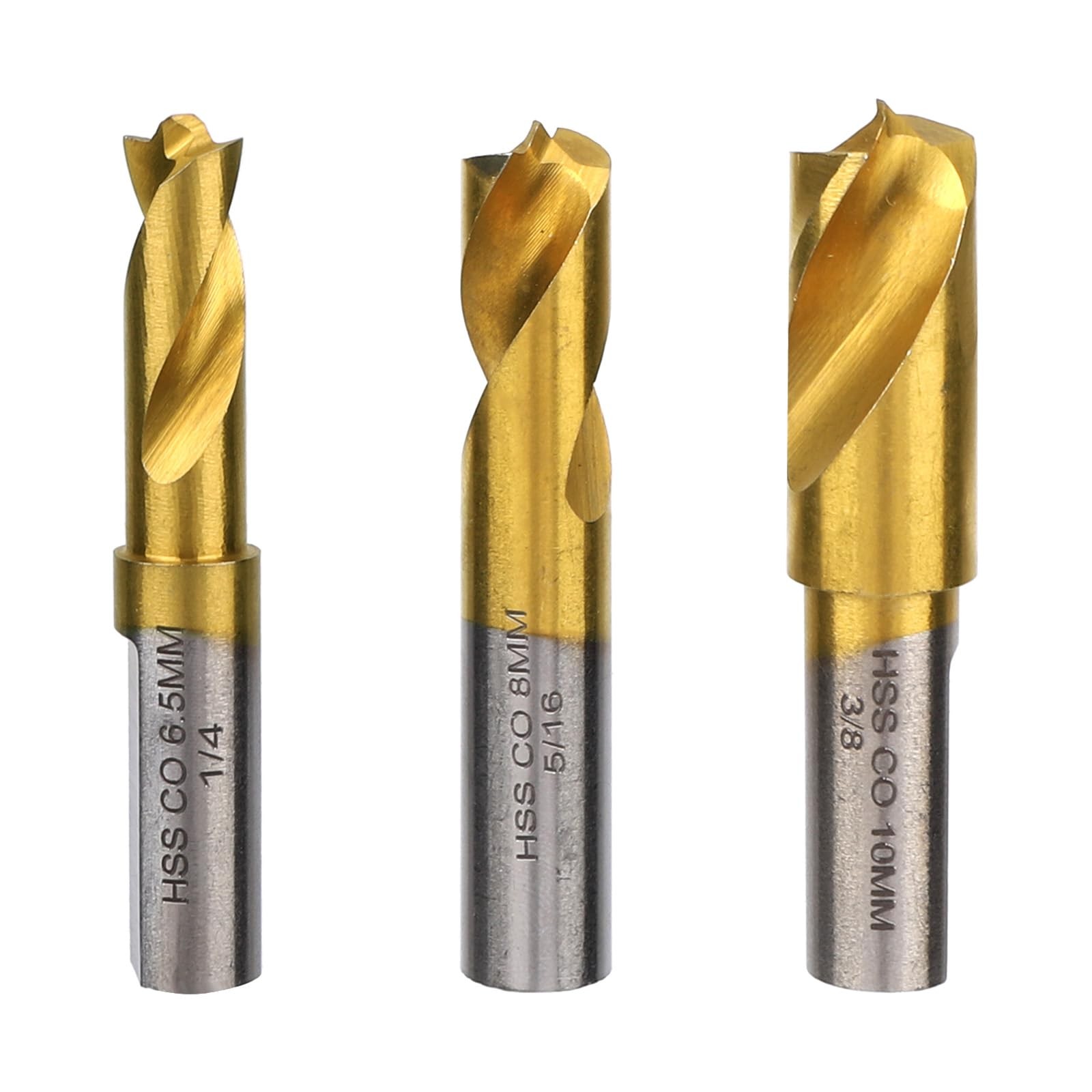 3pcs Spot Weld Drill Bit, High Speed Steel 1/4in,5/16in,3/8in, gold, silver
