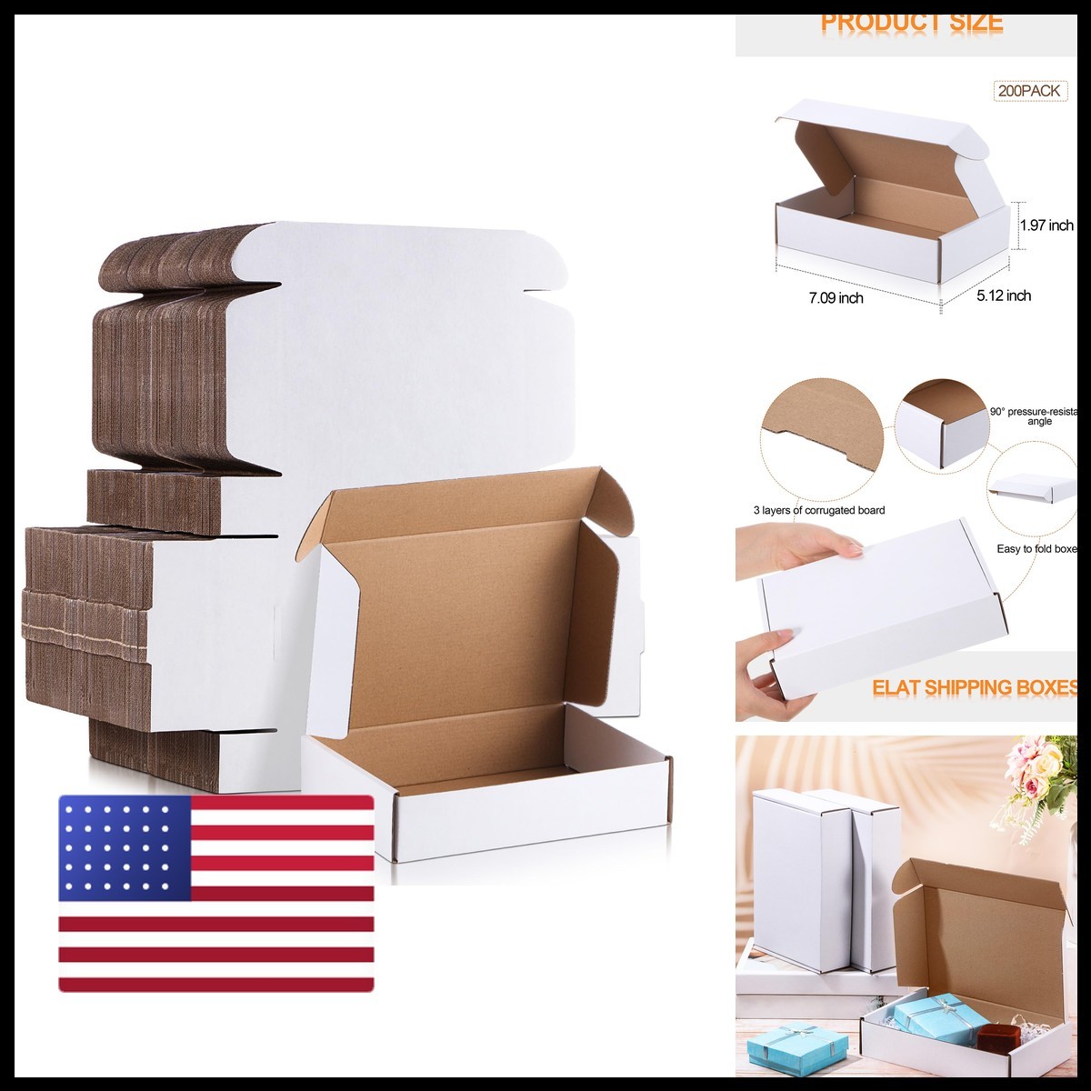 Qilery 200 Pcs 7.09 x 5.12 x 1.97 Inches Boxes Corrugated Cardboard White