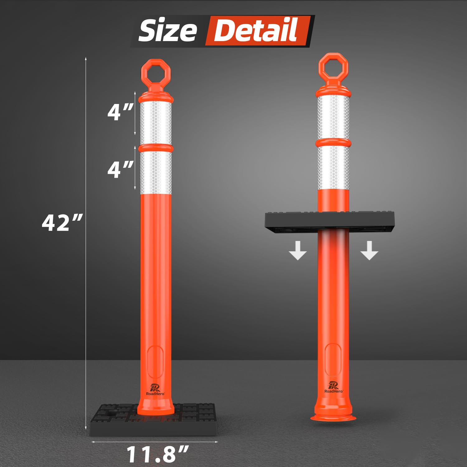 42 Inch Orange Traffic Delineator Post Cones with Base, 6 Pack | Portable Safety