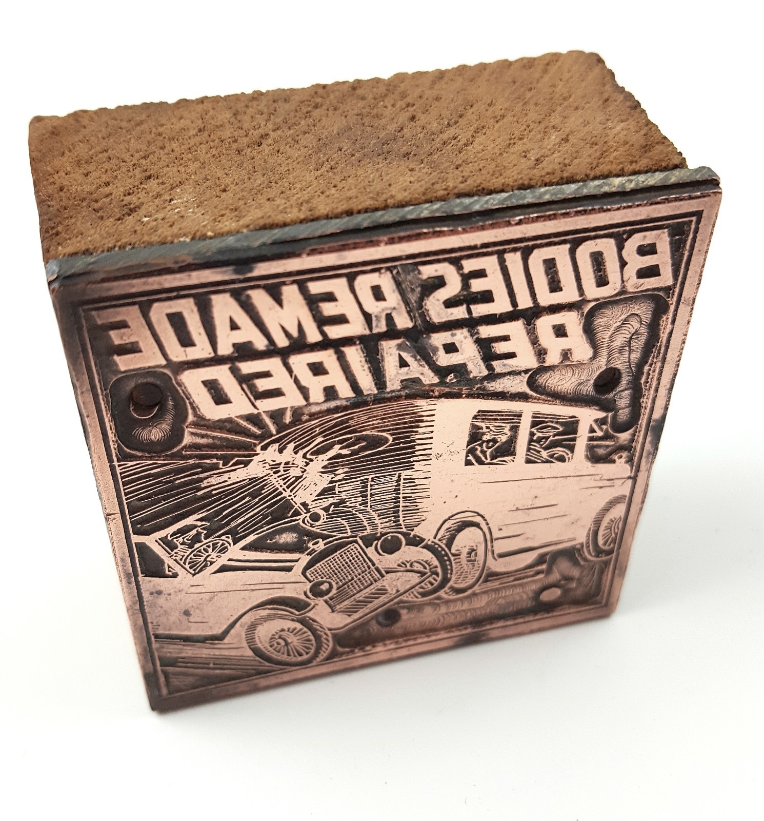 Vintage Copper & Wood Print Block Letterpress Car Crash Bodies Repaired