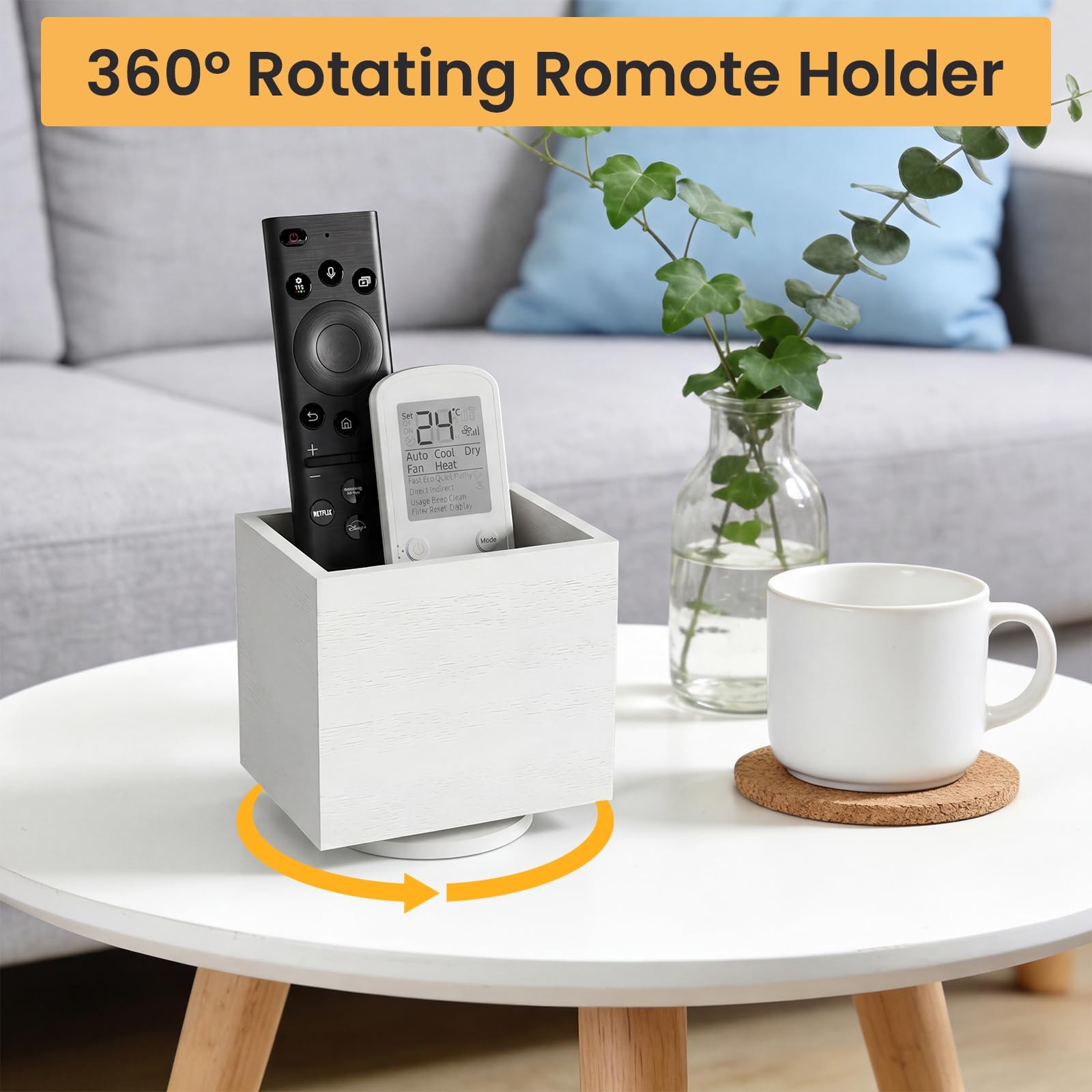 360 Rotating Wooden TV Remote Control Holder Desktop Caddy Organizer White