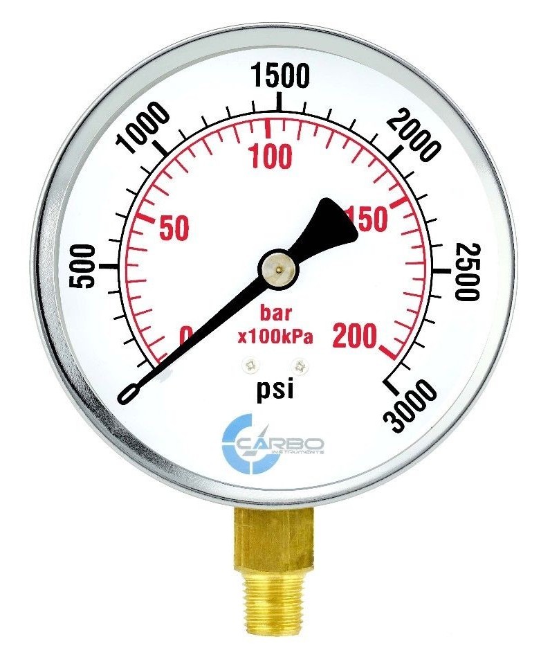4″ Pressure Gauge – Chrome Plated Steel Case, 1/4″NPT, Lower Side Mnt. 3000 PSI