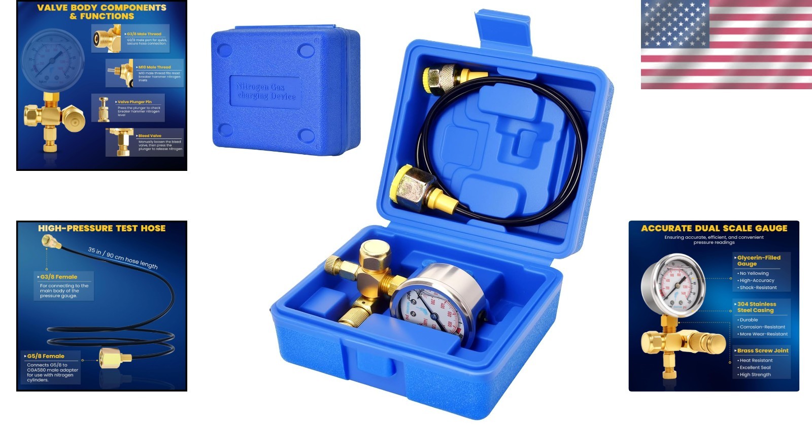 Pro Hydraulic Breaker Nitrogen Charging Kit with 0-1420 PSI Pressure Gauge