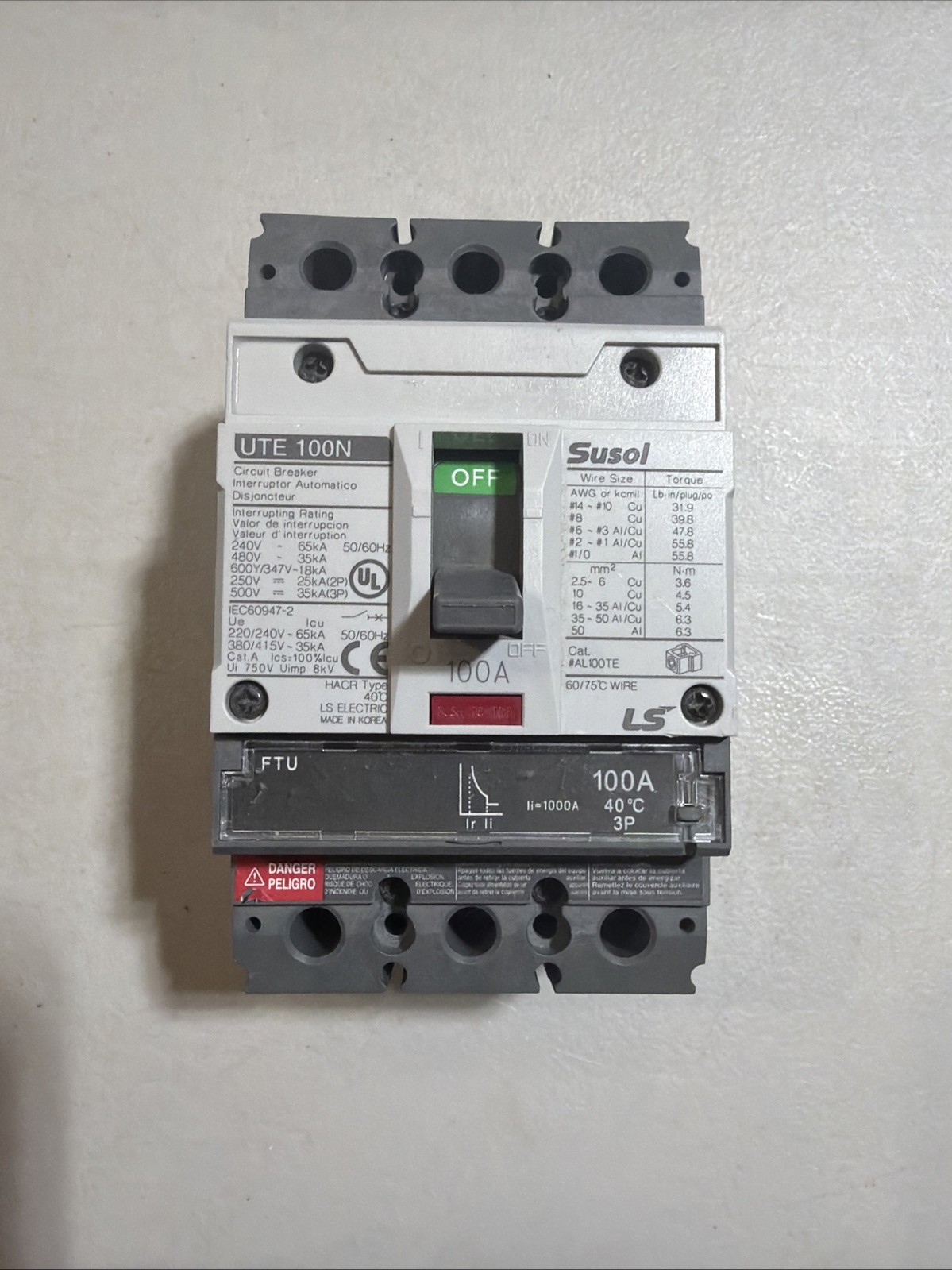 Susol UTE100N Circuit Breaker 100 Amp 3 Pole 120/240 Volt New Old Stock No Box!!