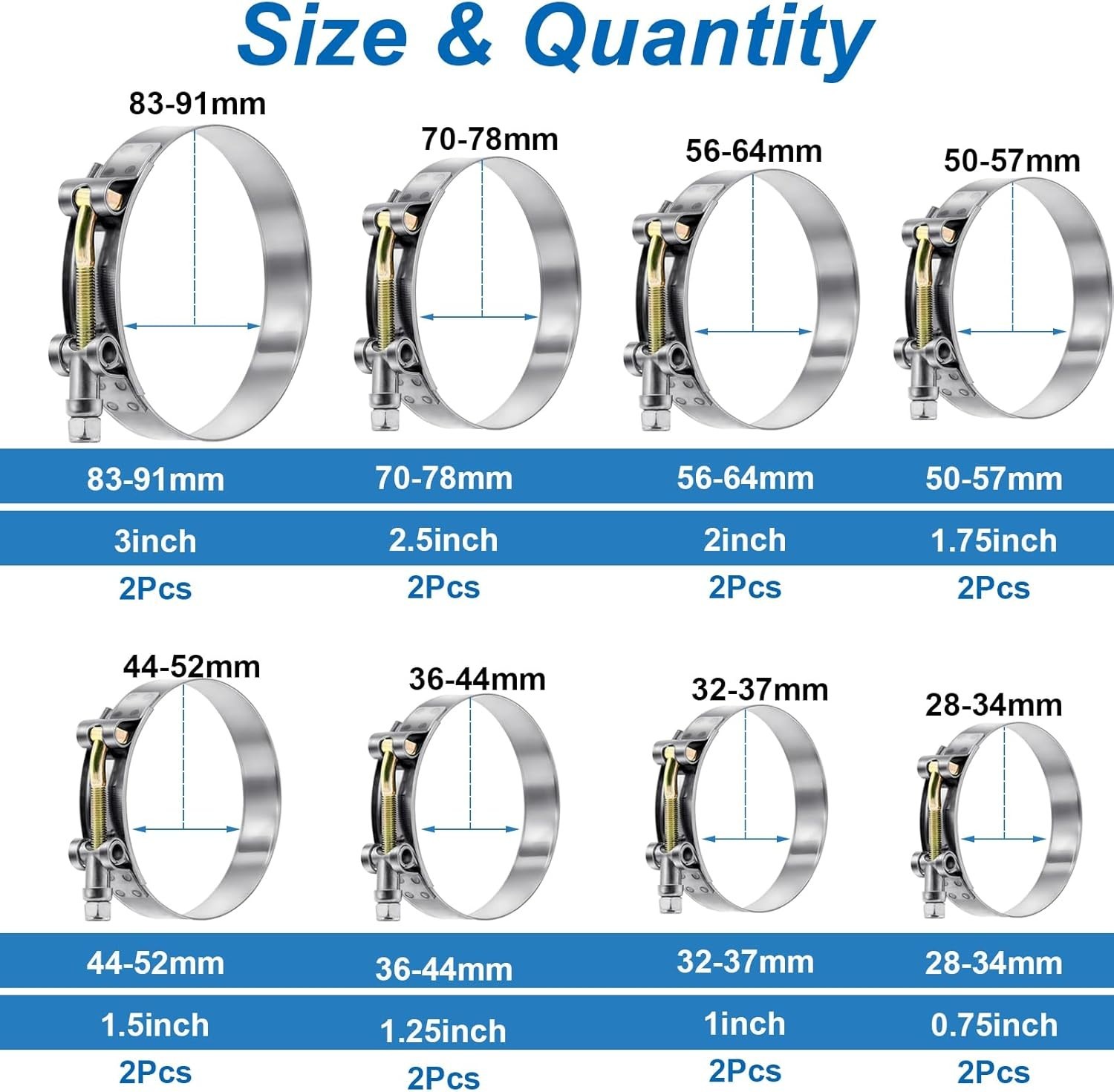 16Pcs 8 Sizes T-Bolt Hose Clamps, 304 Stainless Steel Heavy Duty Hose Clamp Asso
