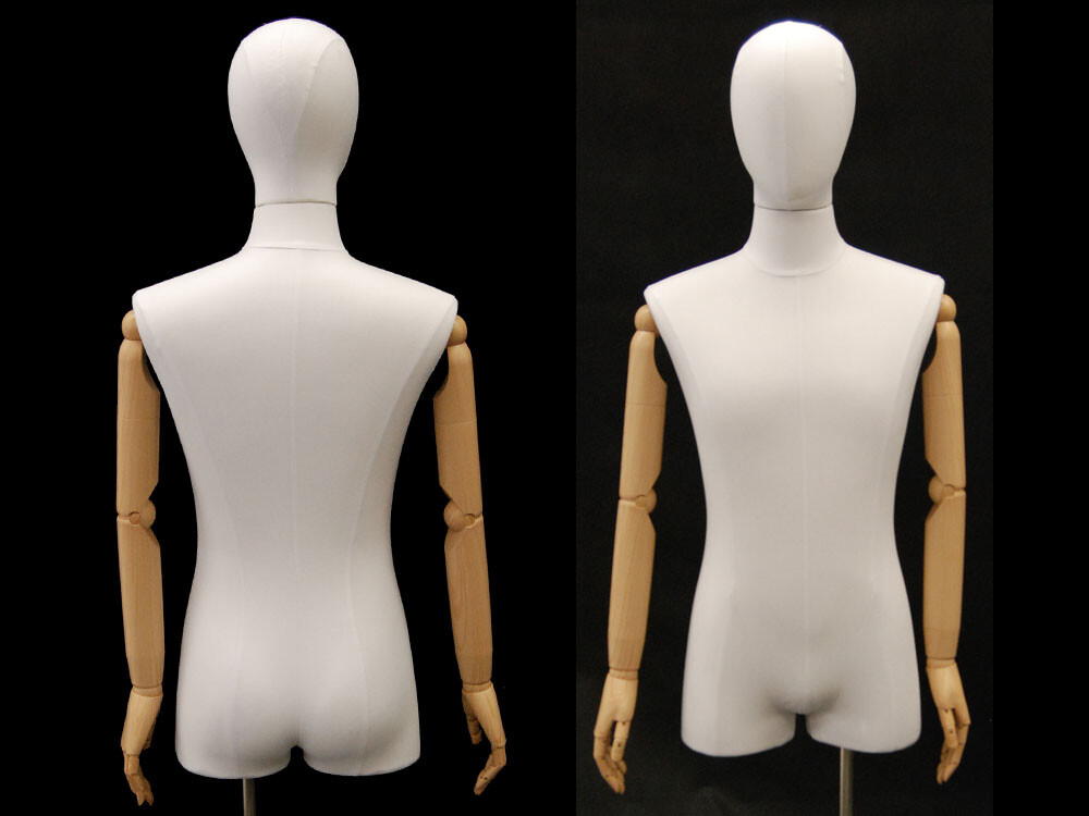 Adult Male White Linen Torso Mannequin Form with Flexible Arms and Head