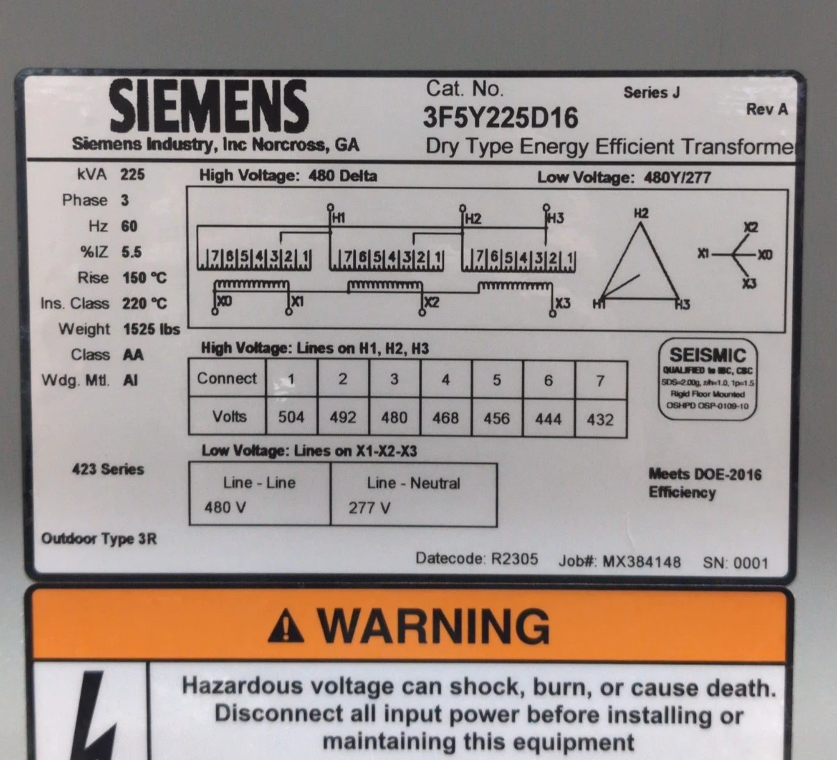 225KVA Siemens 3F5Y225D16 Transformer Pri 480V Sec 480/277V 3PH Outdoor 3R Encl