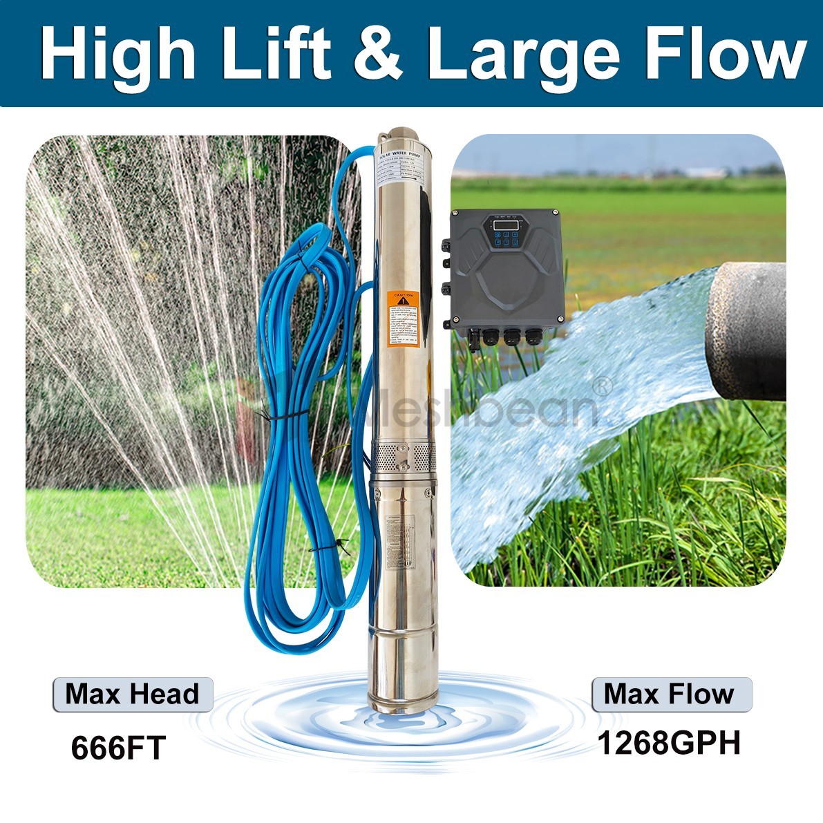 4″ 2HP AC/DC 220V Solar Pump Submersible Pump Bore Deep Well Pump+MPPT Controlle