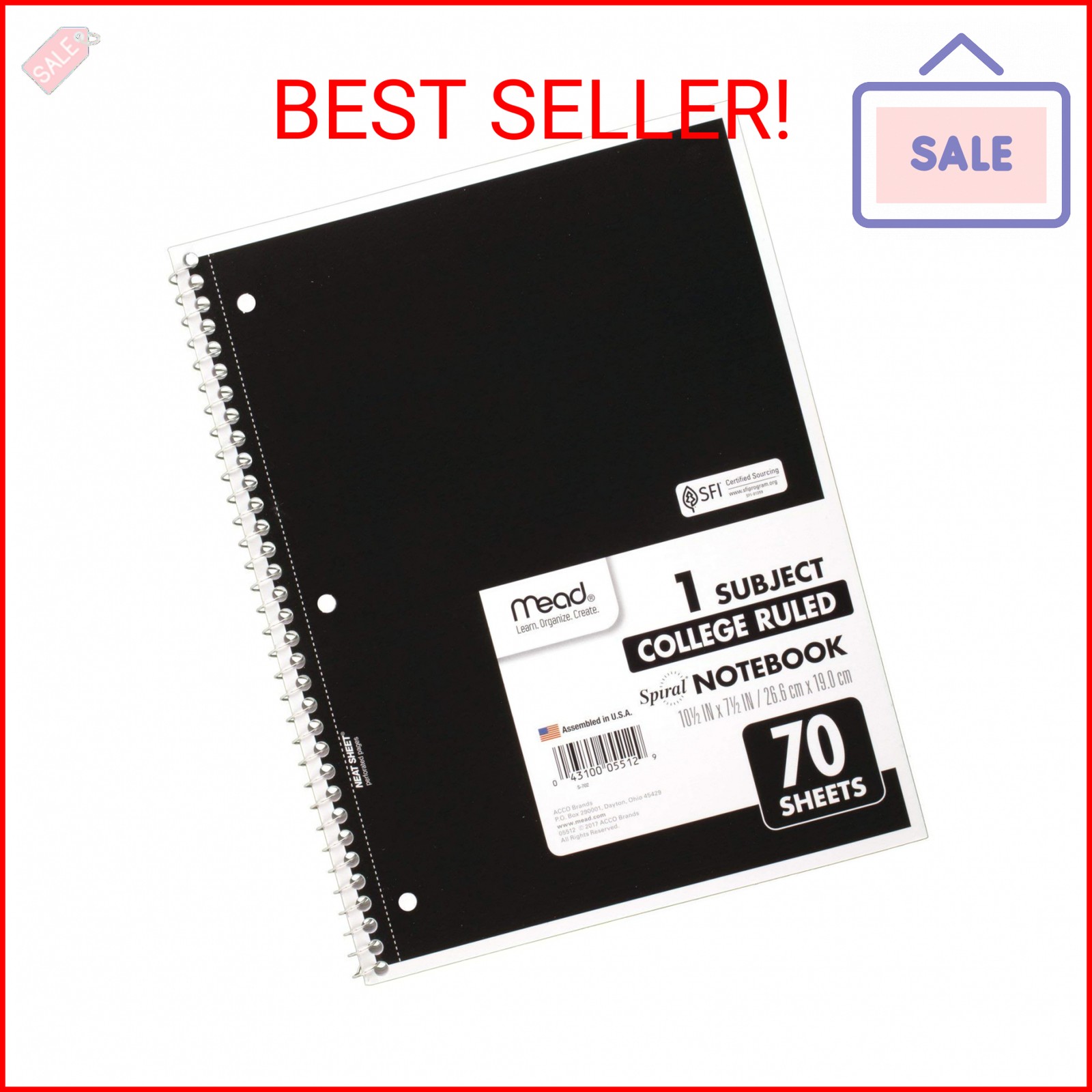 Mead Spiral Notebook, 1 Subject, College Ruled Paper, 70 Sheets, 10-1/2″ x 7-1/2