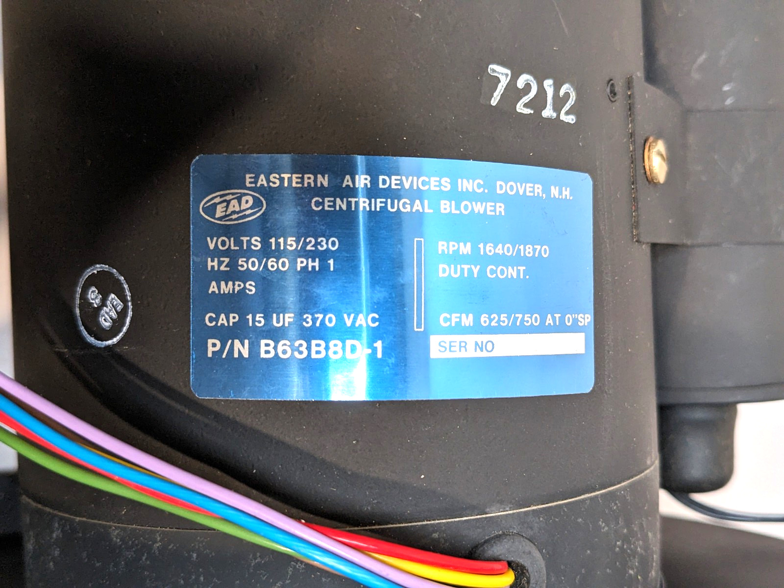 Eastern Air Devices B63B8D-1 Dual Squirrel Cage Centrifugal Blower 750CFM