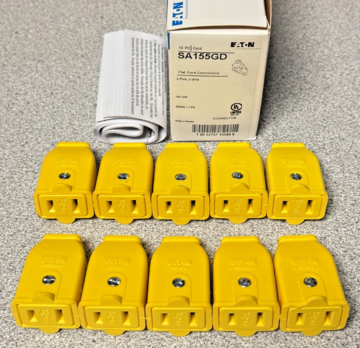 NEW LOT OF 10 EATON SA155GD Straight Blade Cord Connector 2 Pole 2 Wire 125V 15A
