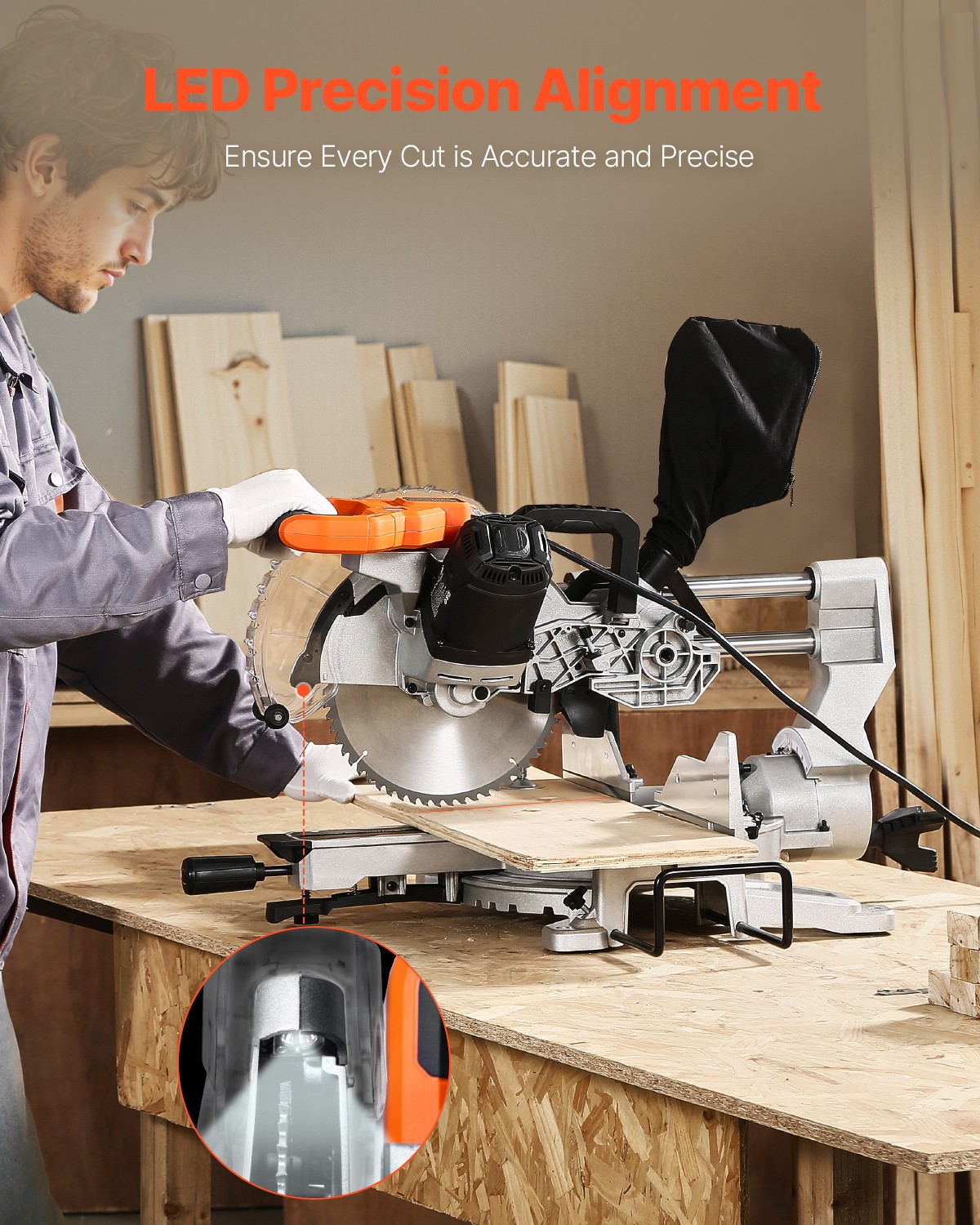 VEVOR Sliding Compound Miter Saw 10-In Blade 15 Amp Motor Corded Double Bevel