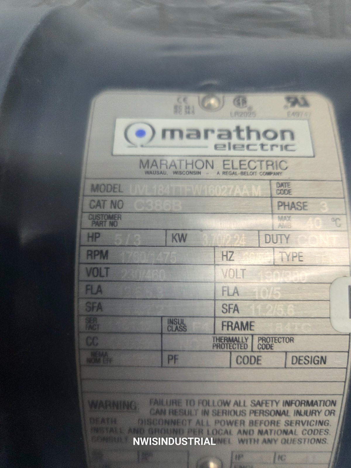 MARATHON ELECTRIC MOTOR C368B, UVL184TTFW16027AAM, 5HP, 1760 RPM, 230/460V 184TC