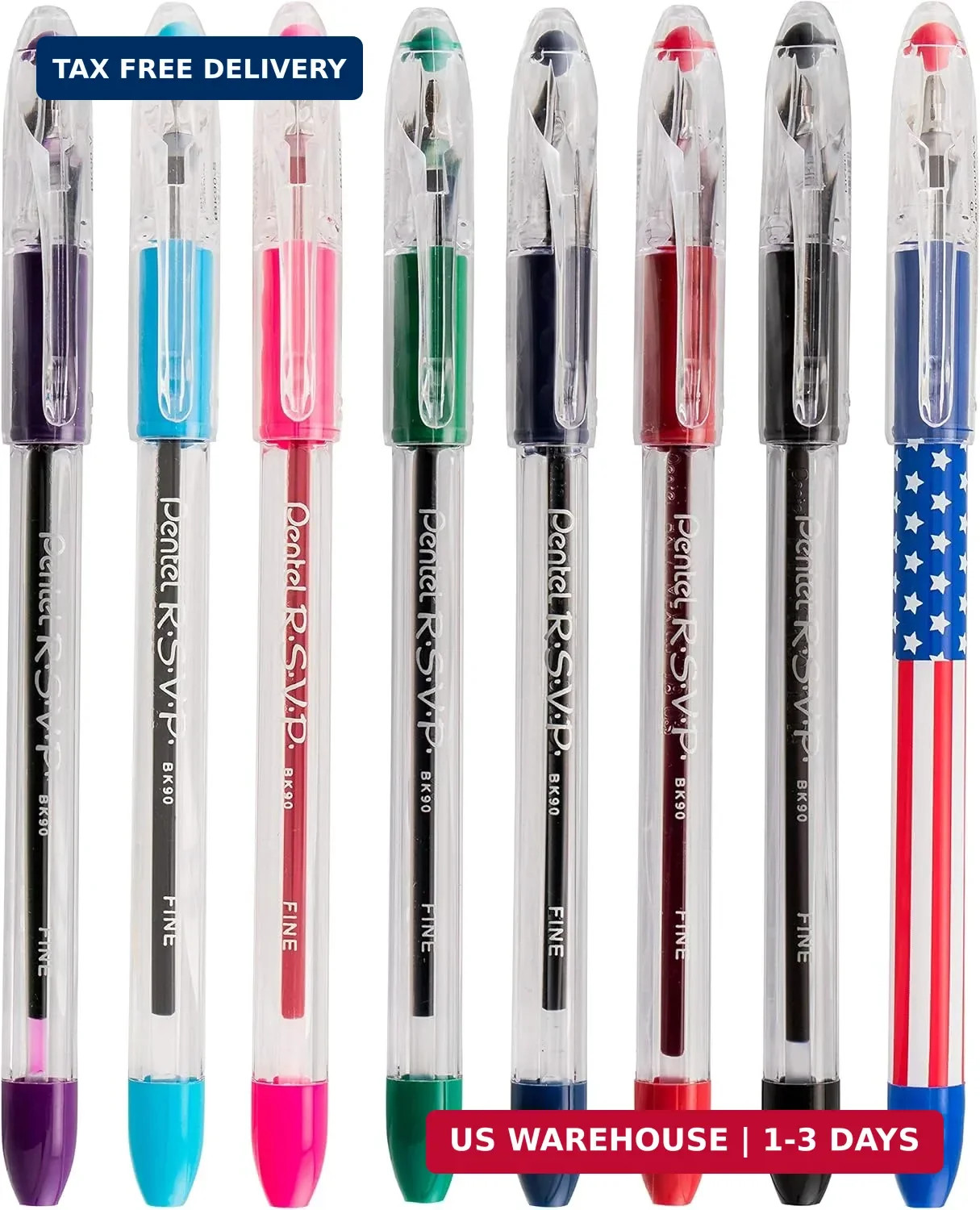 Pentel RSVP Ballpoint Pen, (0.7mm), Fine Line, Black Ink, Pack of 5 (BK90PF5A)