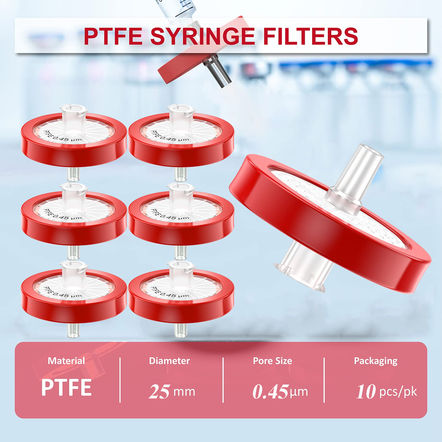 200pcs PTFE Syringe Filter 0.45μm,25mm–Hydrophobic,Non-Sterile–Solvent&Chemical