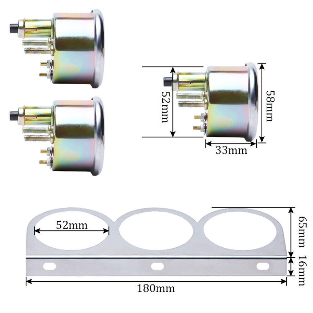 3 in1 52mm 2″ Chrome Car Triple Gauge Set Kit Water Temp Oil Pressure Volt Meter