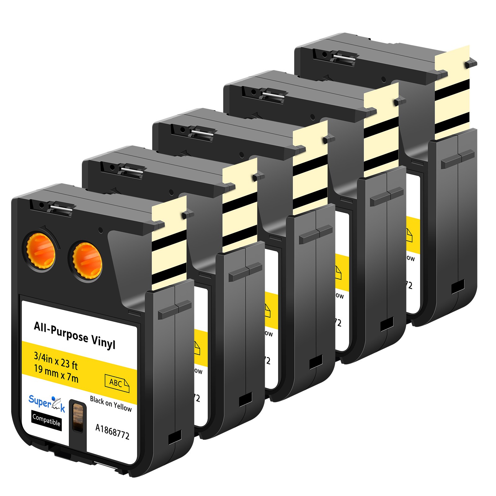 19mm 1868772 Vinyl Label Tape for DYMO XTL-300 XTL-500 Black on Yellow 5pk