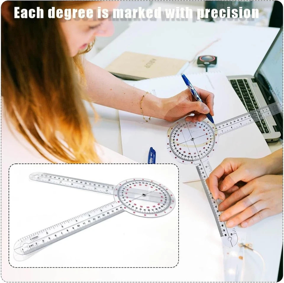 Goniometer 12 inch, Transparent Orthopedic Angle Ruler Plastic Goniometer, 360 D