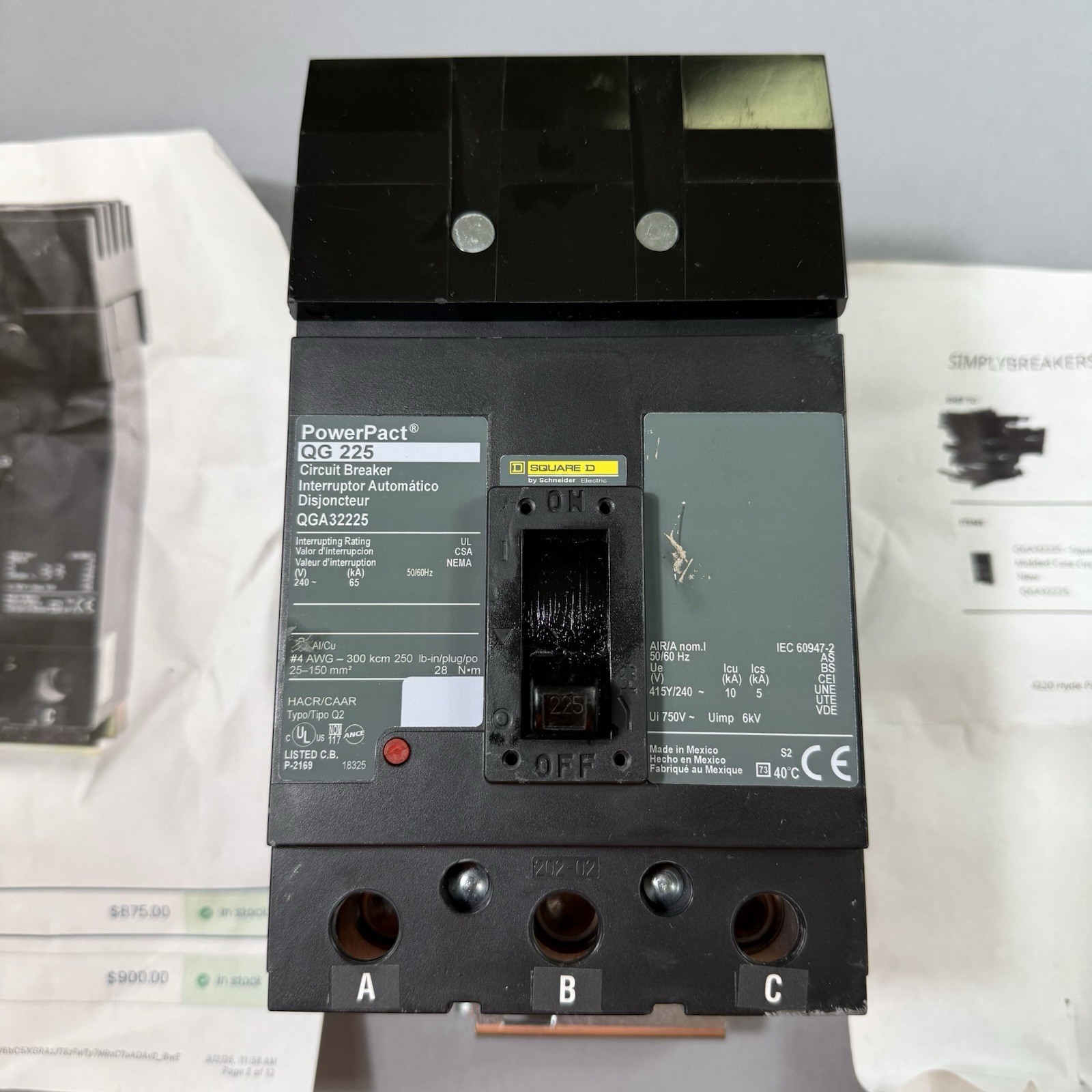 NEW Square D PowerPact 225 Amp Plug In Circuit Breaker 240 VAC 3 Pole QGA32225