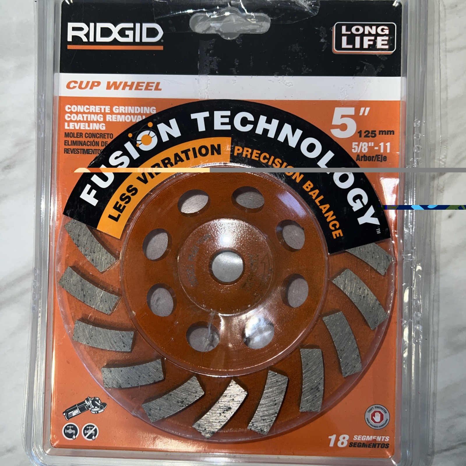 RIDGID 5in Diamond Cup Wheel 18 Segment 16 Grit 5/8-11 Arbor 12200RPM