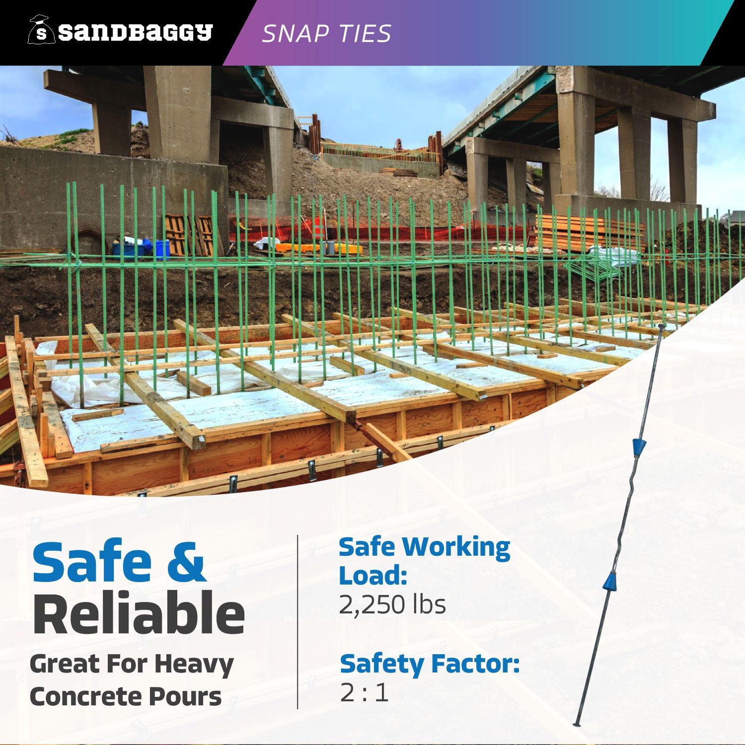 Sandbaggy 10″ x 8 ¼» Standard Snap Ties For Concrete Forms (Long End)