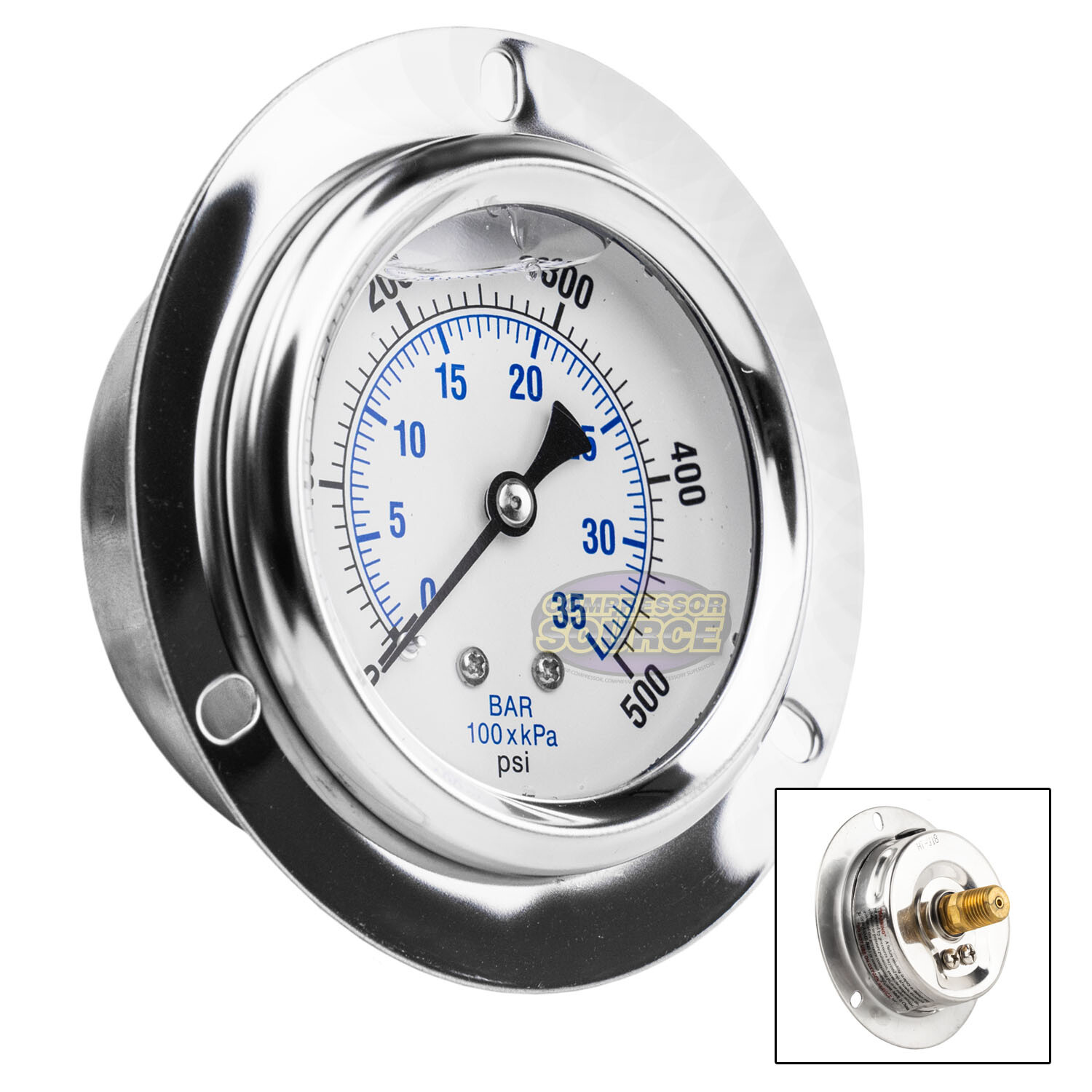 2.5″ Liquid Filled Pressure Gauge 0-500 PSI 1/4″ NPT CBM Panel Flush Mount